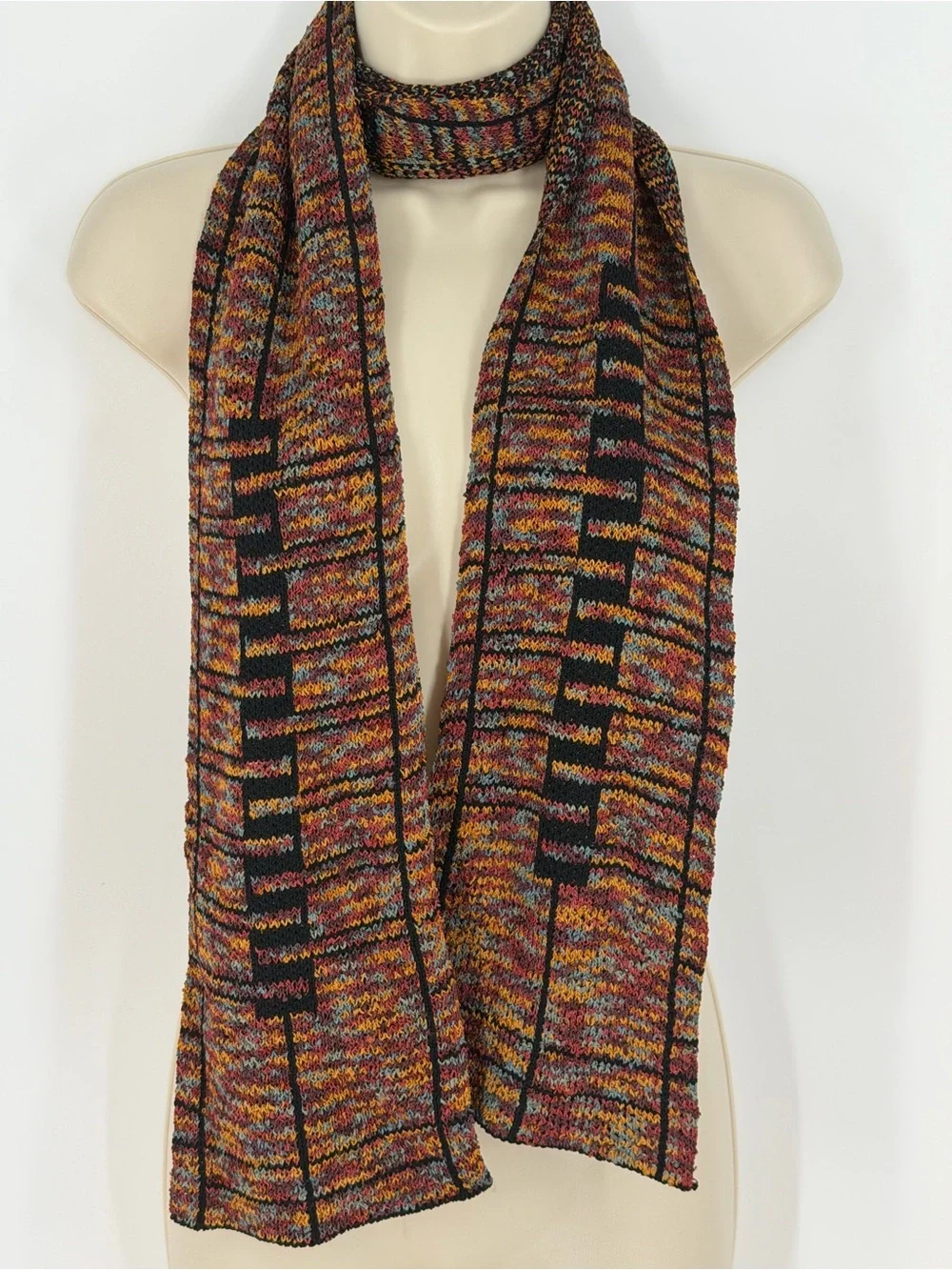 Fern Wayne Fiber Artist Art to Wear Geometric Knit Scarf Multicolor Lagenlook